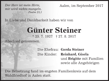 Traueranzeige von Günter Steiner von Schwäbische Post