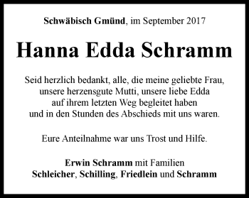 Traueranzeige von Hanna Edda Schramm von Gmünder Tagespost