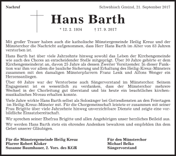 Traueranzeige von Hans Barth von Gmünder Tagespost