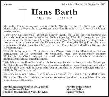 Traueranzeige von Hans Barth