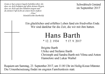 Traueranzeige von Hans Barth von Gmünder Tagespost