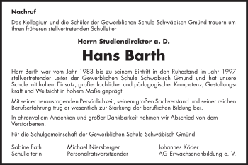 Traueranzeige von Hans Barth von Gmünder Tagespost