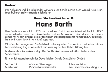 Traueranzeige von Hans Barth