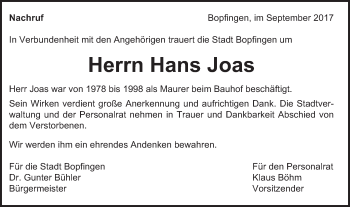 Traueranzeige von Hans Joas von Bopfinger Stadtanzeiger