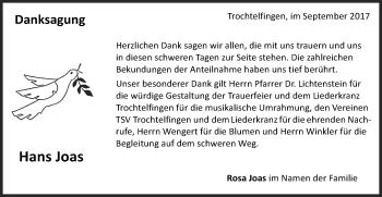 Traueranzeige von Hans Joas von Schwäbische Post