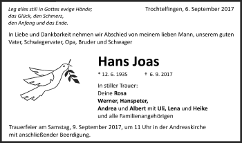 Traueranzeige von Hans Joas von Schwäbische Post