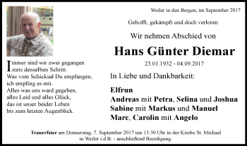 Traueranzeige von Hans Günter Diemar von Gmünder Tagespost