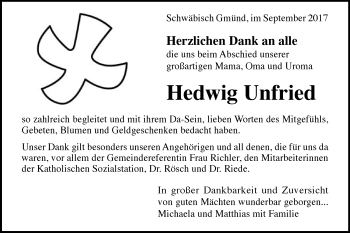 Traueranzeige von Hedwig Unfried von Gmünder Tagespost