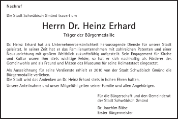 Traueranzeige von Heinz Erhard von Gmünder Tagespost
