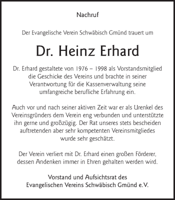 Traueranzeige von Heinz Erhard von Gmünder Tagespost