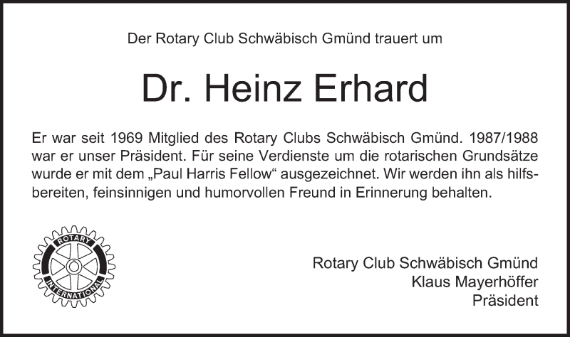  Traueranzeige für Heinz Erhard vom 02.09.2017 aus Gmünder Tagespost