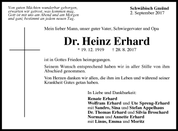 Traueranzeige von Heinz Erhard von Gmünder Tagespost