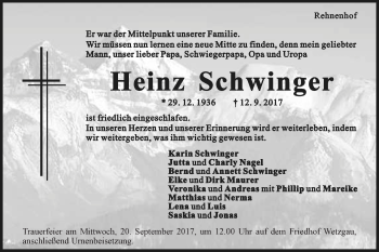 Traueranzeige von Heinz Schwinger von Gmünder Tagespost