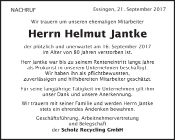Traueranzeige von Helmut Jantke von Schwäbische Post