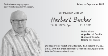 Traueranzeige von Herbert Becker von Schwäbische Post