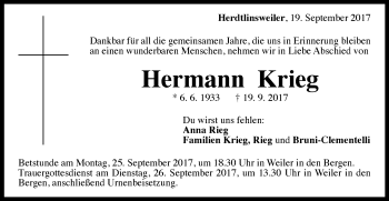 Traueranzeige von Hermann Krieg von Gmünder Tagespost