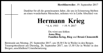 Traueranzeige von Hermann Krieg