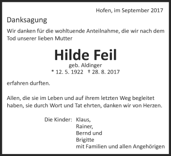 Traueranzeige von Hilde Feil von Schwäbische Post