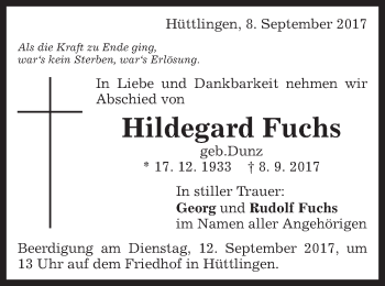 Traueranzeige von Hildegard Fuchs von Schwäbische Post