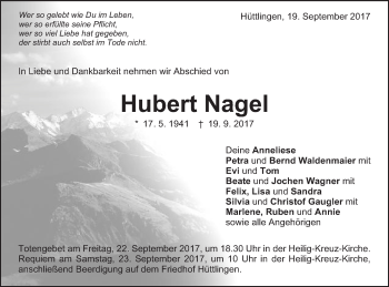 Traueranzeige von Hubert Nagel von Schwäbische Post