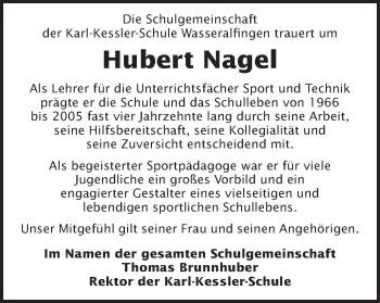 Traueranzeige von Hubert Nagel von Schwäbische Post