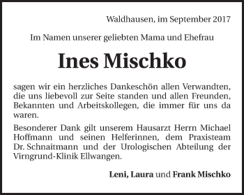 Traueranzeige von Ines Mischko von Schwäbische Post