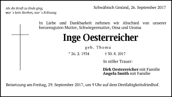 Traueranzeige von Inge Oesterreicher von Gmünder Tagespost