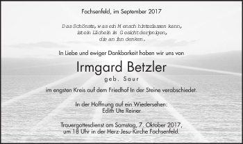 Traueranzeige von Irmgard Betzler von Schwäbische Post