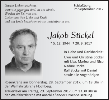 Traueranzeige von Jakob Stickel von Schwäbische Post