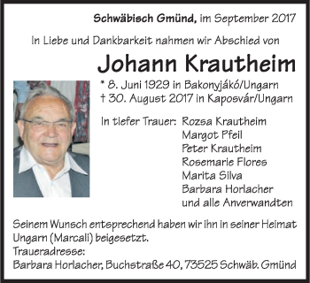 Traueranzeige von Johann Krautheim von Schwäbische Post