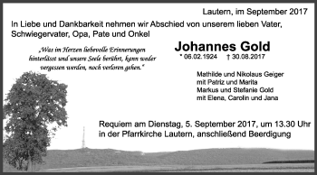Traueranzeige von Johannes Gold von Gmünder Tagespost