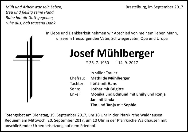  Traueranzeige für Josef Mühlberger vom 18.09.2017 aus Schwäbische Post
