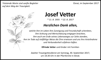 Traueranzeige von Josef Vetter von Schwäbische Post