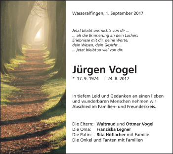 Traueranzeige von Jürgen Vogel von Schwäbische Post