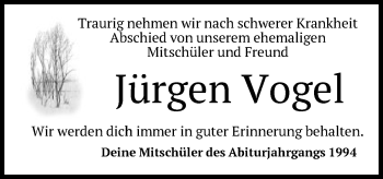 Traueranzeige von Jürgen Vogel von Schwäbische Post