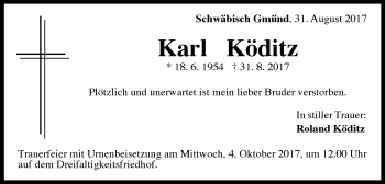 Traueranzeige von Karl Köditz von Gmünder Tagespost