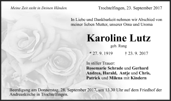 Traueranzeige von Karoline Lutz von Schwäbische Post