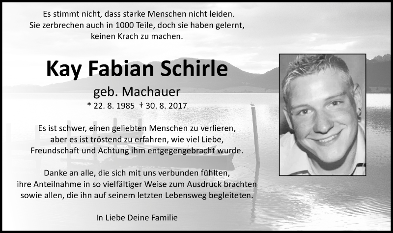  Traueranzeige für Kay Fabian Schirle vom 15.09.2017 aus Schwäbische Post