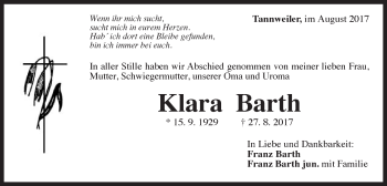 Traueranzeige von Klara Barth