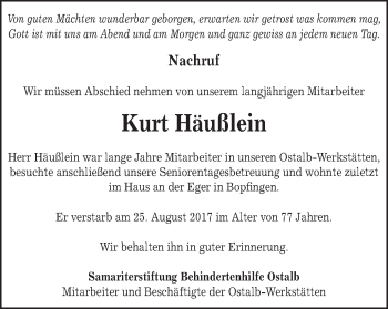Traueranzeige von Kurt Häußlein von Schwäbische Post