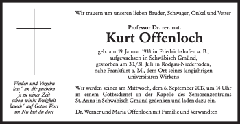 Traueranzeige von Kurt Offenloch von Gmünder Tagespost