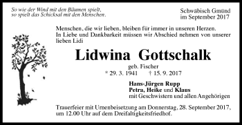 Traueranzeige von Lidwina Gottschalk von Gmünder Tagespost