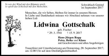 Traueranzeige von Lidwina Gottschalk