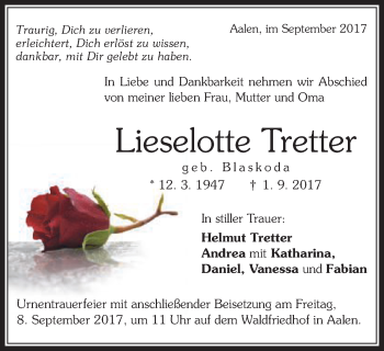 Traueranzeige von Lieselotte Tretter von Schwäbische Post