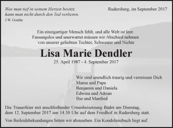 Traueranzeige von Lisa Marie Dendler von Schwäbische Post