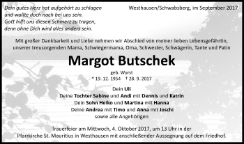 Traueranzeige von Margot Butschek von Schwäbische Post