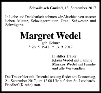 Traueranzeige von Margret Wedel von Gmünder Tagespost