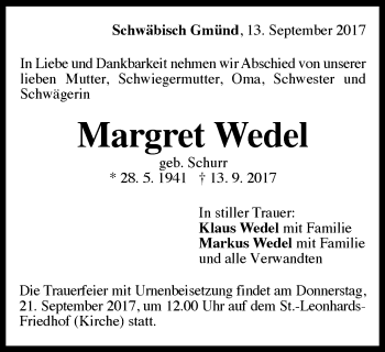 Traueranzeige von Margret Wedel