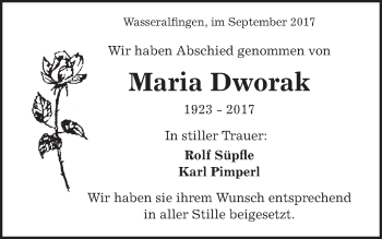 Traueranzeige von Maria Dworak von Schwäbische Post