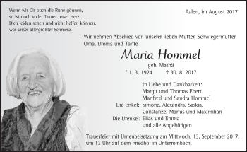 Traueranzeige von Maria Hommel von Schwäbische Post